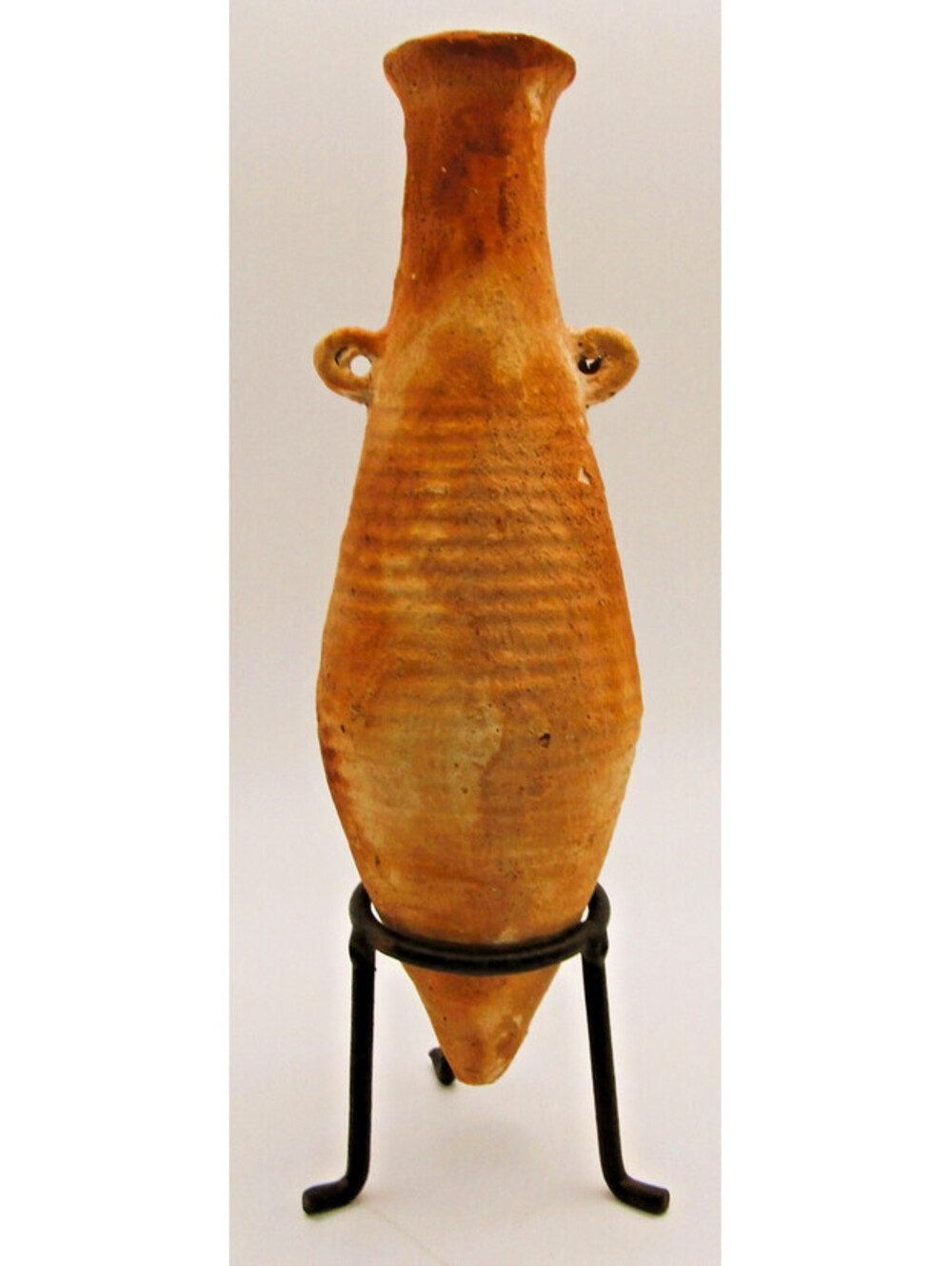 Ancient Terracotta Elongated Piriform Body Transport Amphora on Stand
